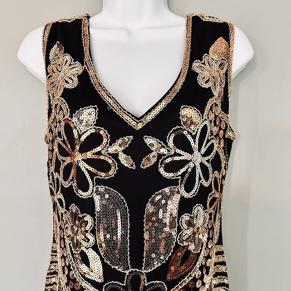 Retro Flapper Dress L Sequin Showgirl Black Fringe Roaring 20s Gatsby Burlesque - Picture 2 of 12